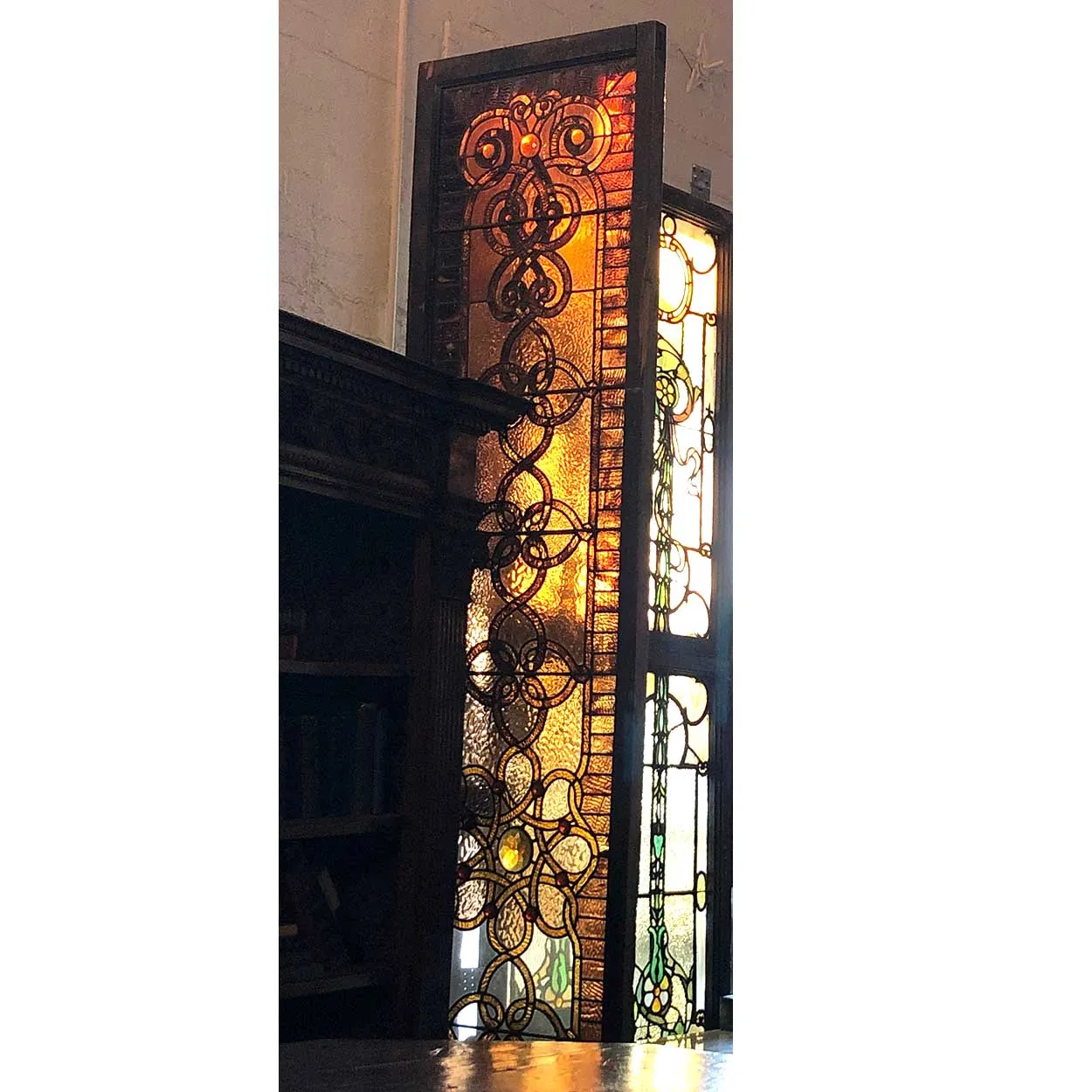 Very Tall American Stained, Leaded and Jeweled Leaded Glass Stairway Window