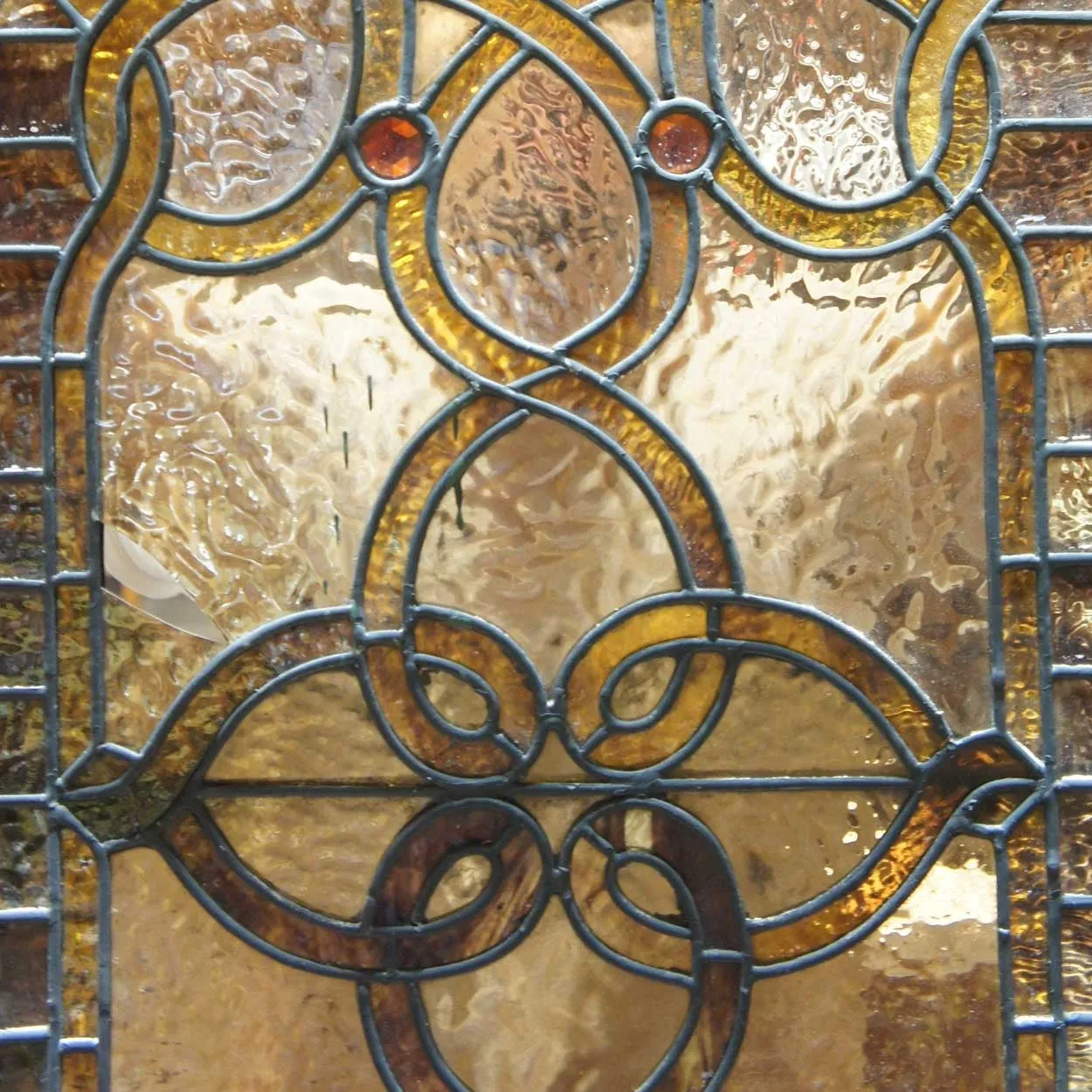 Very Tall American Stained, Leaded and Jeweled Leaded Glass Stairway Window