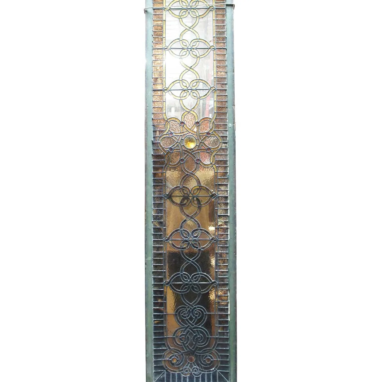 Very Tall American Stained, Leaded and Jeweled Leaded Glass Stairway Window