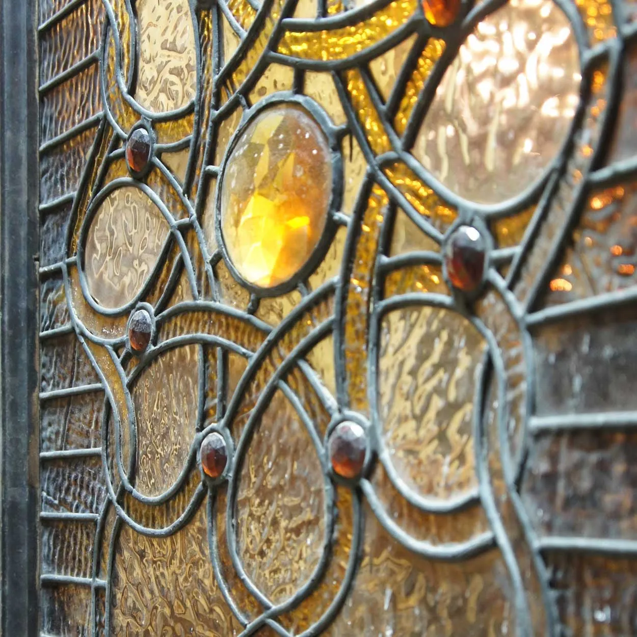 Very Tall American Stained, Leaded and Jeweled Leaded Glass Stairway Window