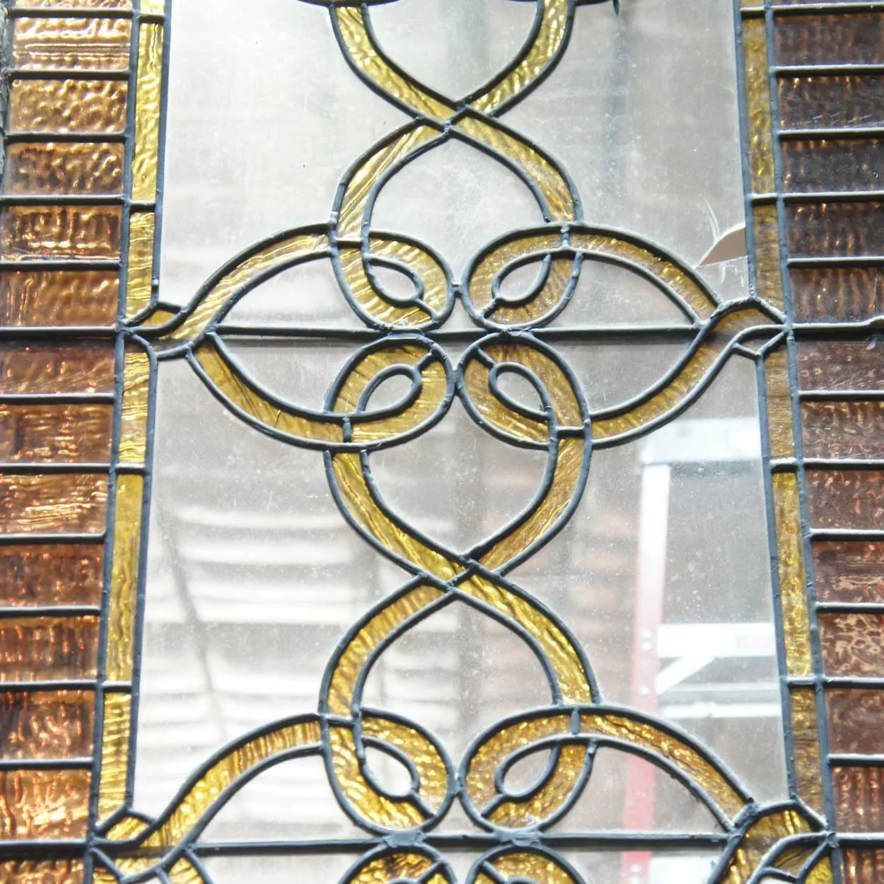 Very Tall American Stained, Leaded and Jeweled Leaded Glass Stairway Window
