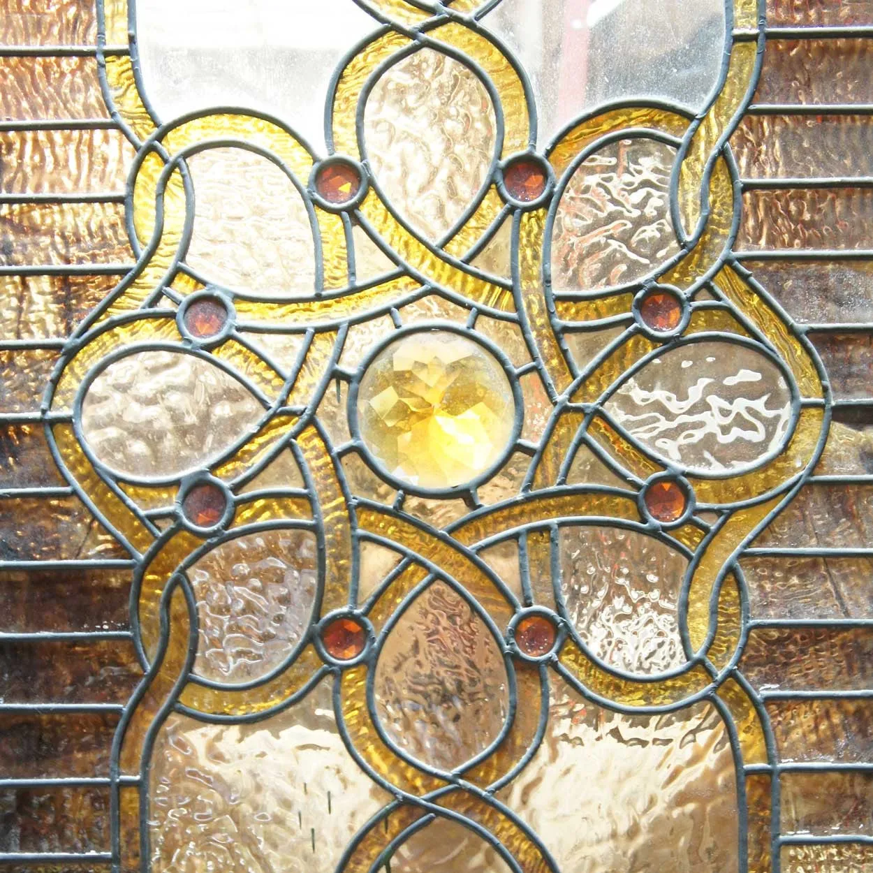 Very Tall American Stained, Leaded and Jeweled Leaded Glass Stairway Window
