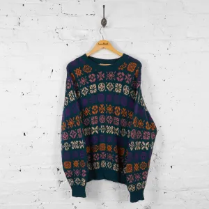 Vintage Benetton Patterned Jumper - Green/Orange - L