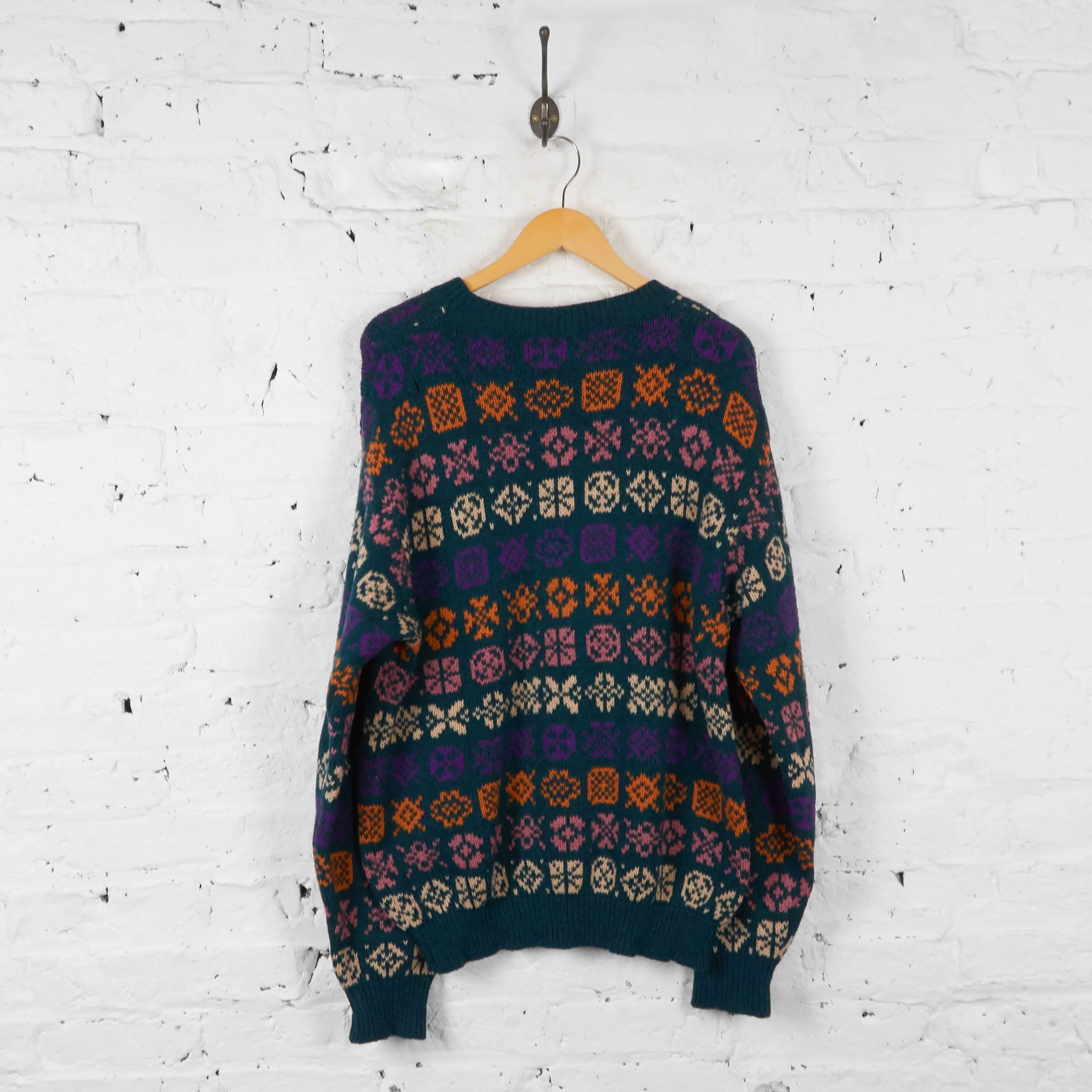 Vintage Benetton Patterned Jumper - Green/Orange - L