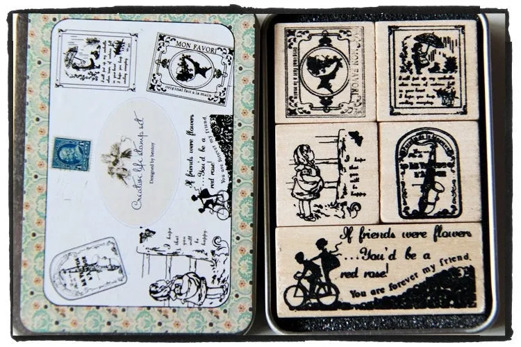 Vintage wood mounted Antique Rubber Stamp 5 pieces in Tin Box
