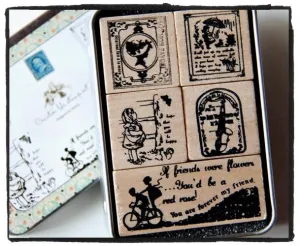 Vintage wood mounted Antique Rubber Stamp 5 pieces in Tin Box