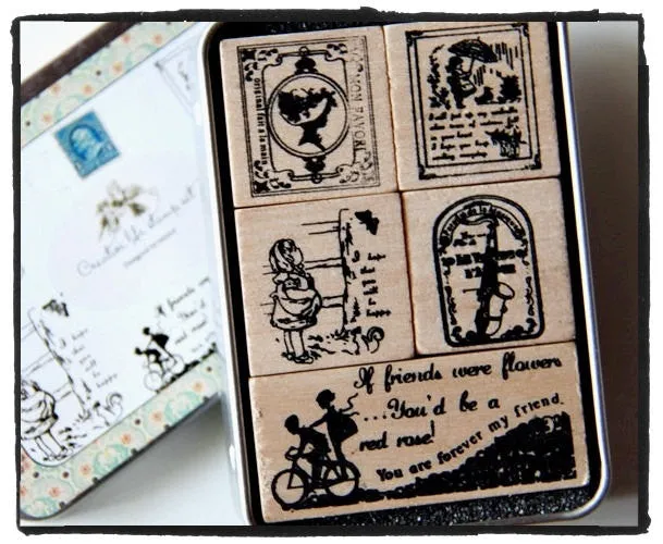 Vintage wood mounted Antique Rubber Stamp 5 pieces in Tin Box