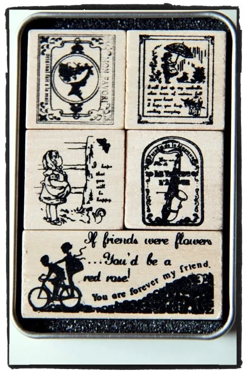 Vintage wood mounted Antique Rubber Stamp 5 pieces in Tin Box