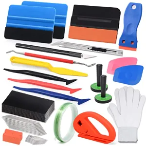 Vinyl Wrap Tool Kit with 5M Knife Tape, Window Tint Tool Kit, Felt Squeegee, Micro Squeegee, Wrap Magnets Holders, Gloves, Safety Cutter, Utility Knife, Plastic Razor Blades Vinyl Application