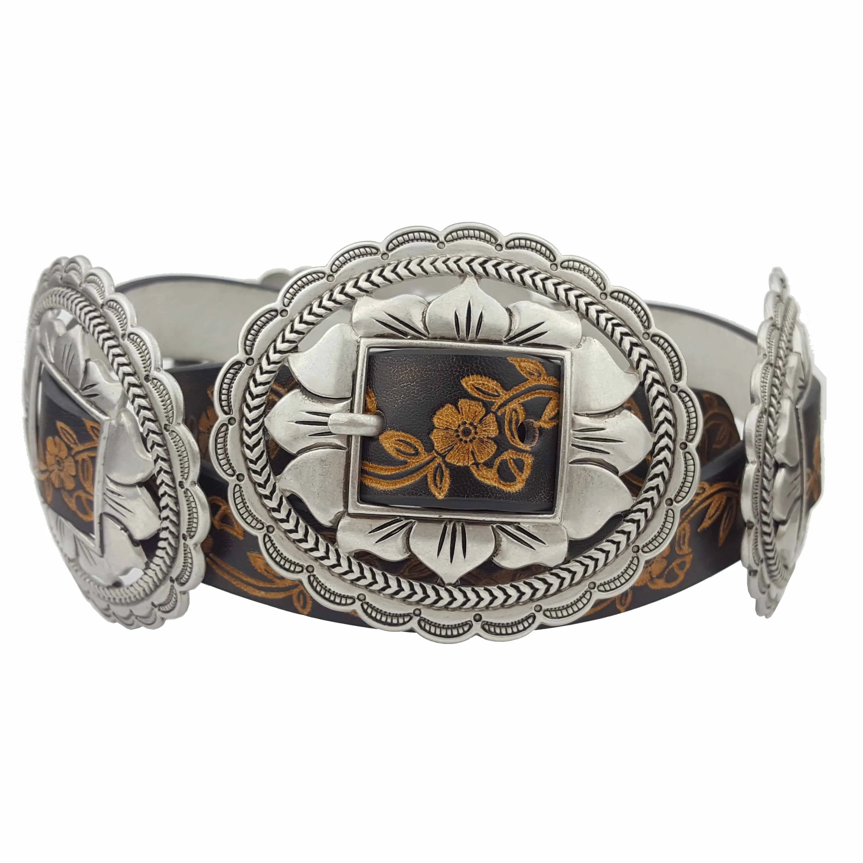 Western Oval Floral Concho Belt hand painted tooled belt