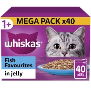 Whiskas 1  Fish Favourites Adult Wet Cat Food Pouches in Jelly 40pk, 85g