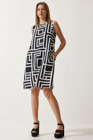 Woman Live White Black Patterned Summer Bell Dress BV00053