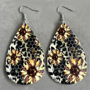 Yellow & Gray Honecomb Sunflower Teardrop Earrings