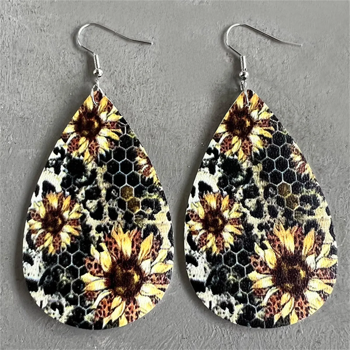 Yellow & Gray Honecomb Sunflower Teardrop Earrings
